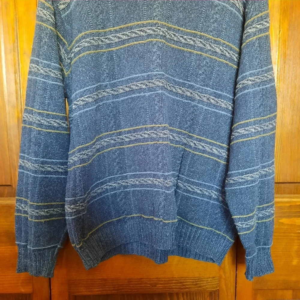 Vintage Haggar Cotton Blend Blue Green Cosby Grandpa Style Knit Sweater Size L